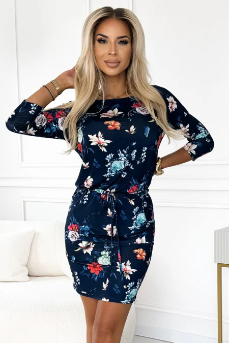 Rochie Dama Floral, Guler inalt, Numoco, Albastru Casual Marimi Mari