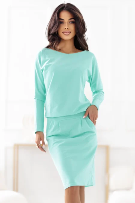 Rochie Dama Guler inalt, Maneca lunga, Numoco, Menta Eleganta Office Marimi Mari