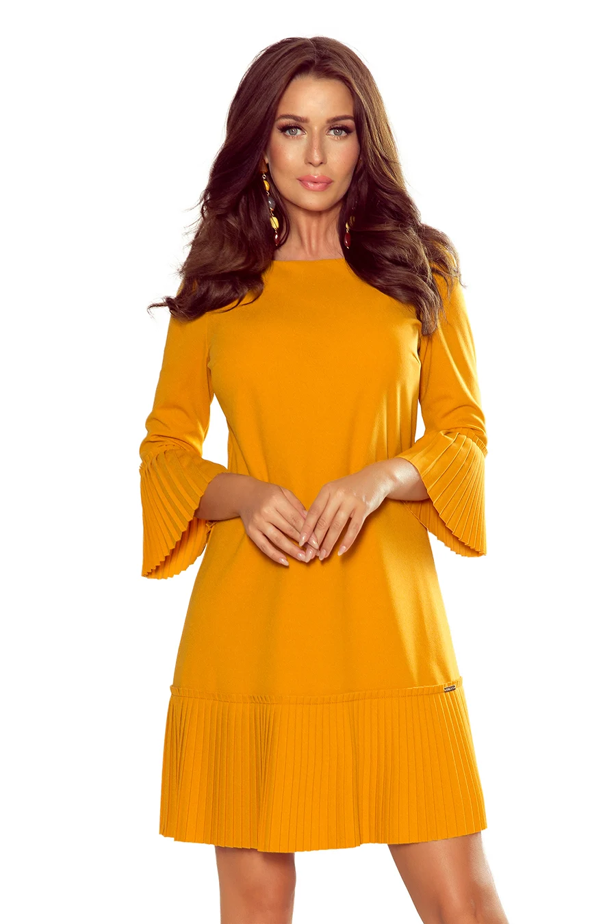 Rochie Dama Guler inalt, Maneca lunga, Numoco, Mustar Eleganta Marimi Mari - imagine 6