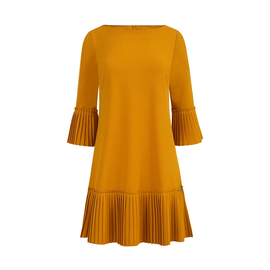 Rochie Dama Guler inalt, Maneca lunga, Numoco, Mustar Eleganta Marimi Mari - imagine 8