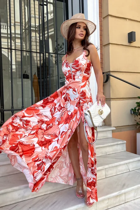Rochie Dama Floral, Bicotone, Portocaliu
