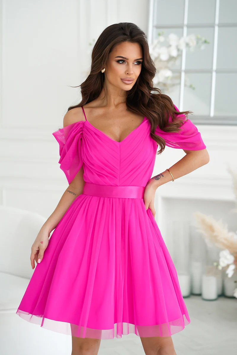 Rochie Dama Mini, Pe umeri, Bicotone, Fucsia - imagine 4