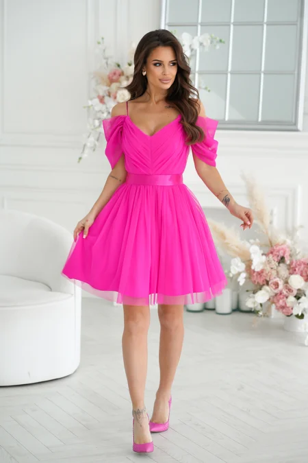 Rochie Dama Mini, Pe umeri, Bicotone, Fucsia