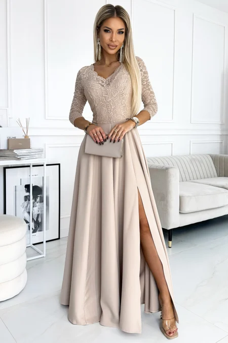 Rochie Dama Maxi, Dantela, Numoco, Bej Eleganta Marimi Mari