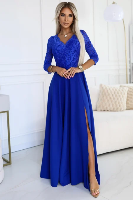 Rochie Dama Maxi, Floral, Numoco, Albastru Eleganta Marimi Mari