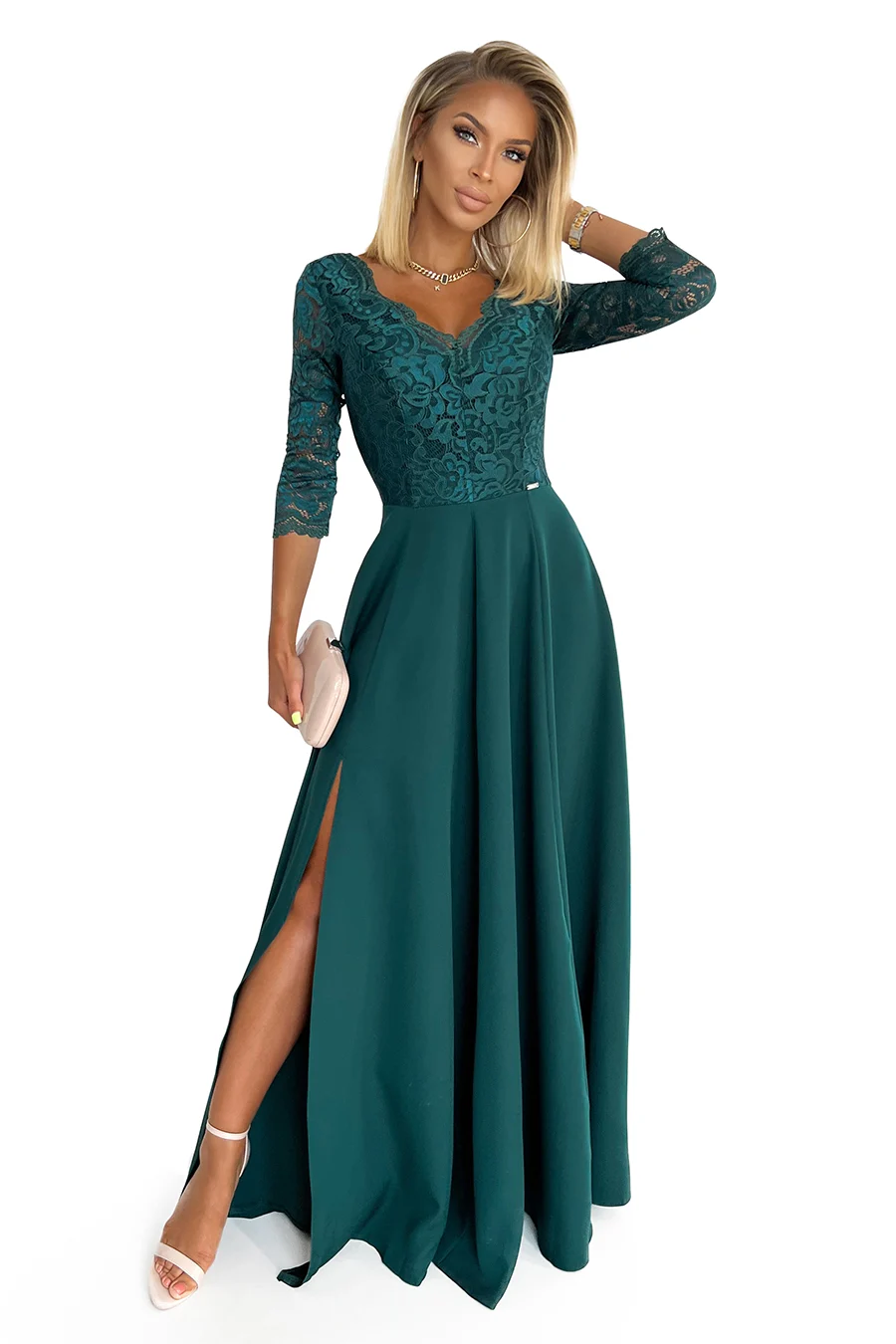 Rochie Dama Maxi, Dantela, Numoco, Verde Eleganta Marimi Mari - imagine 8