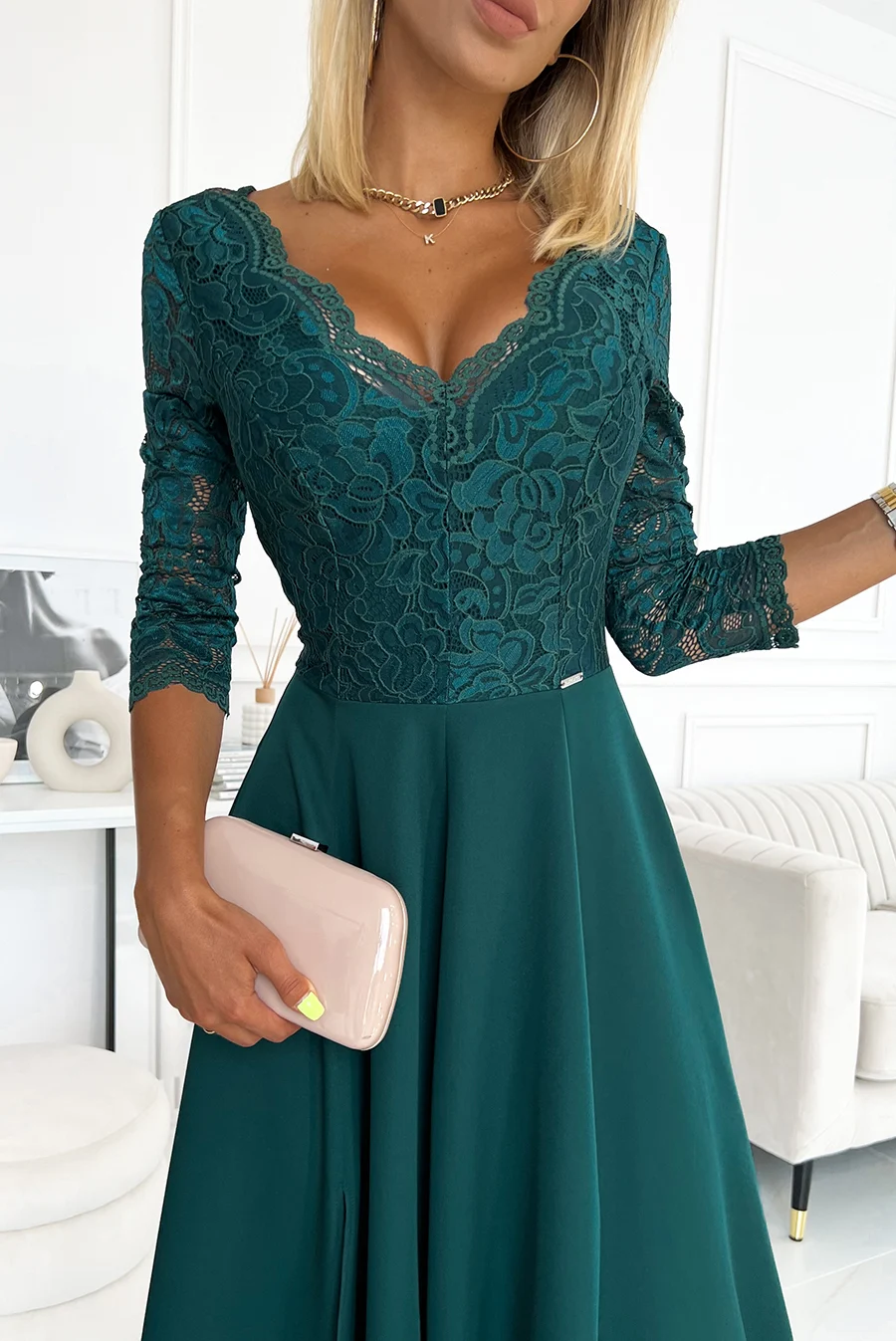 Rochie Dama Maxi, Dantela, Numoco, Verde Eleganta Marimi Mari - imagine 3