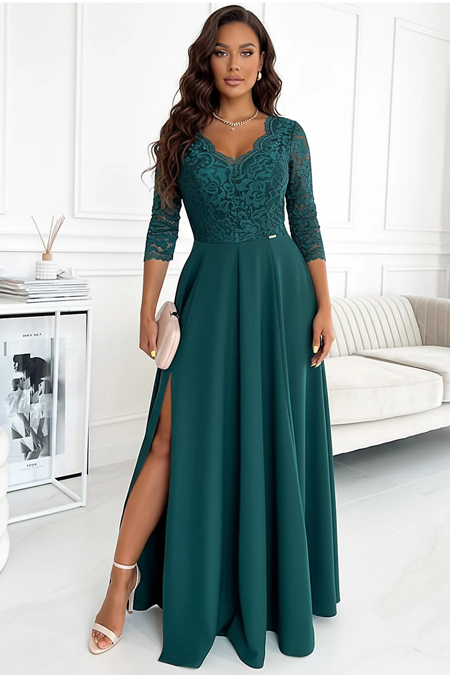 Rochie Dama Maxi, Dantela, Numoco, Verde Eleganta Marimi Mari - imagine 7
