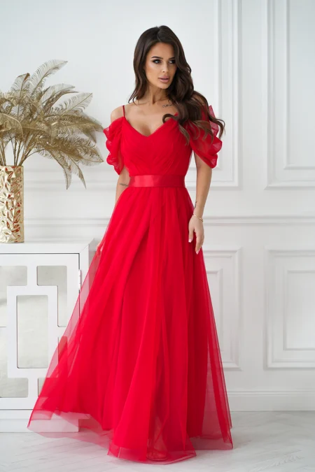 Rochie Dama Maxi, Pe umeri, Bicotone, Rosu