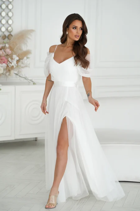 Rochie Dama Maxi, Pe umeri, Bicotone, Ecru
