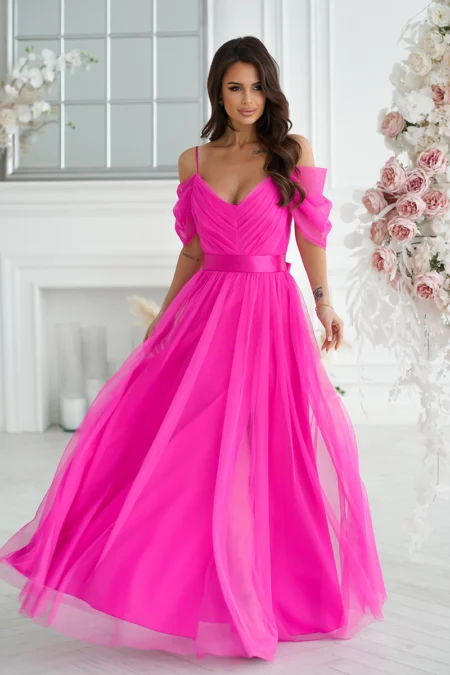 Rochie Dama Maxi, Pe umeri, Bicotone, Fucsia