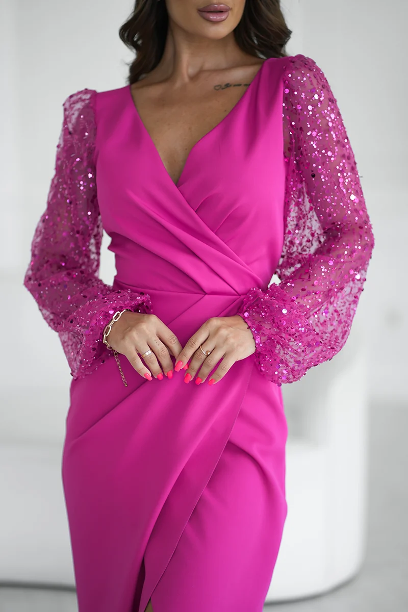 Rochie Dama Paiete, Bicotone, Fucsia - imagine 5