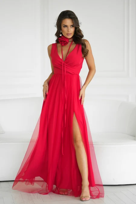 Rochie Dama Dungi, Bicotone, Rosu