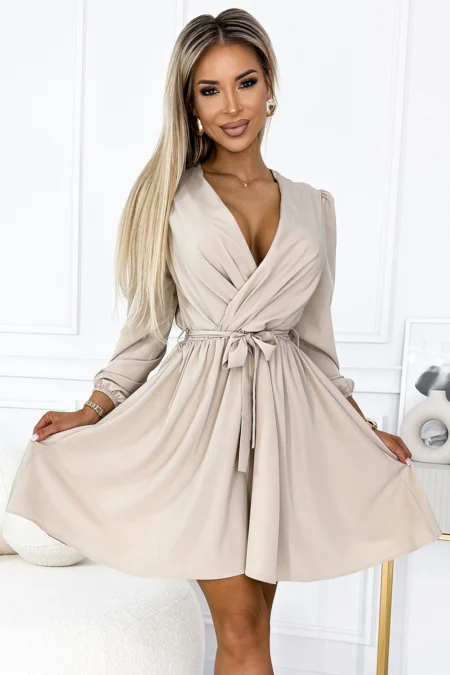 Rochie Dama Floral, Guler inalt, Numoco, Bej Eleganta