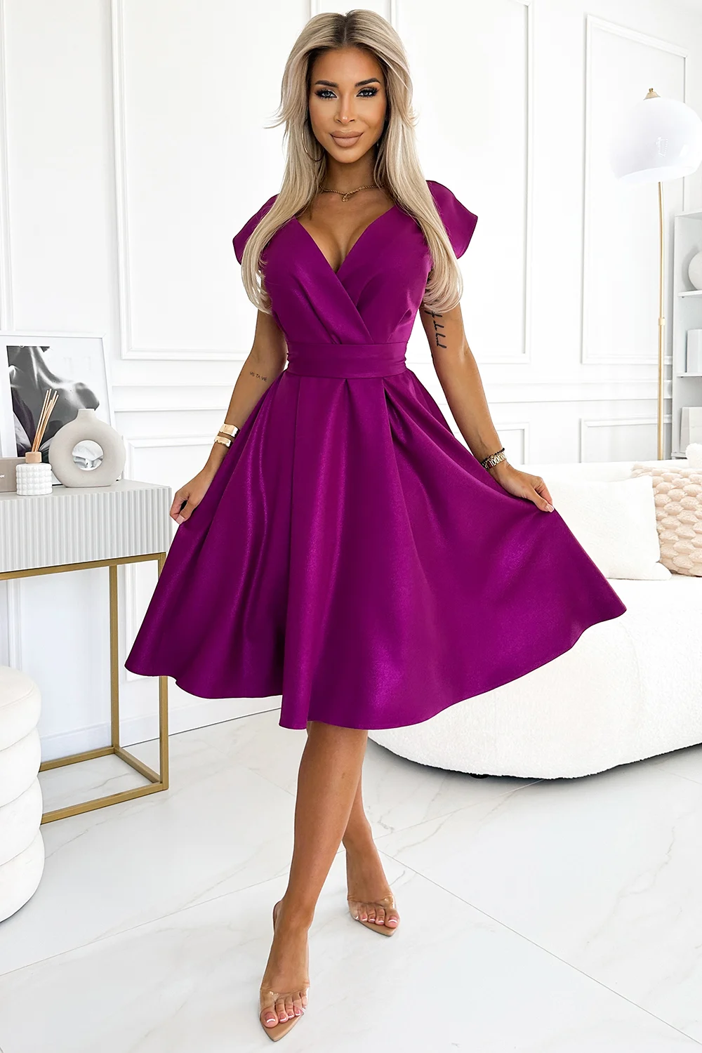 Rochie Dama Dungi, Lejera, Numoco, Fucsia de Seara Marimi Mari - imagine 4