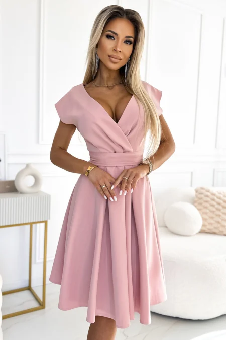 Rochie Dama Lejera, Decolteu in V, Numoco, Roz Eleganta Marimi Mari