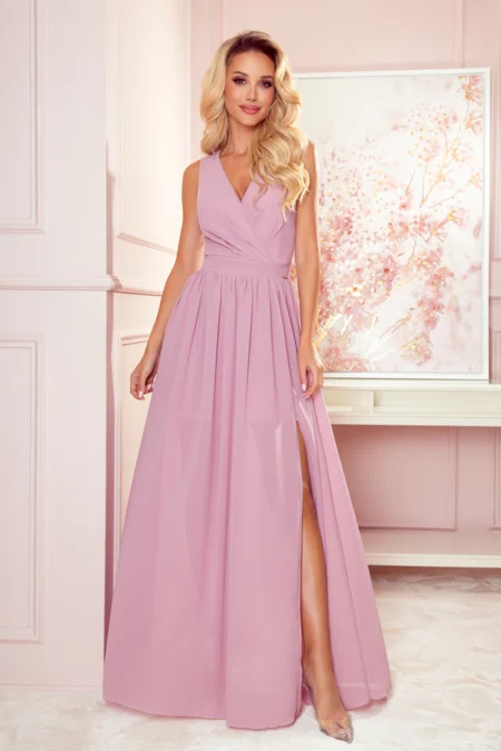 Rochie Dama Maxi, Guler inalt, Numoco, Roz Eleganta Marimi Mari