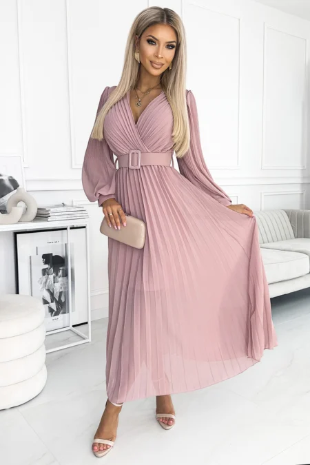 Rochie Dama Guler inalt, Maneca lunga, Numoco, Roz Eleganta