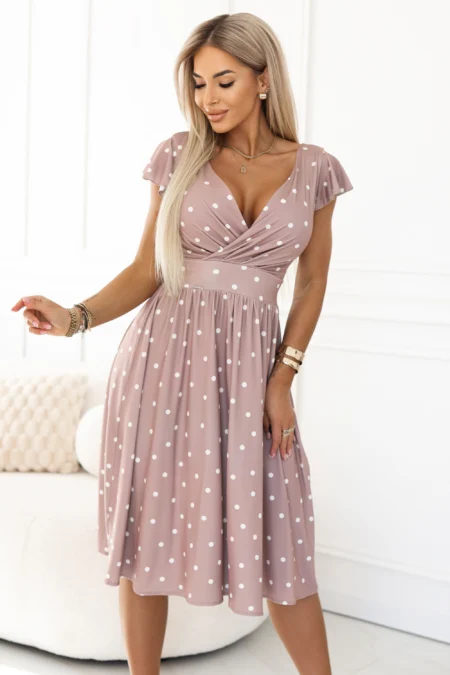 Rochie Dama Midi, Floral, Numoco, Bej Eleganta Marimi Mari