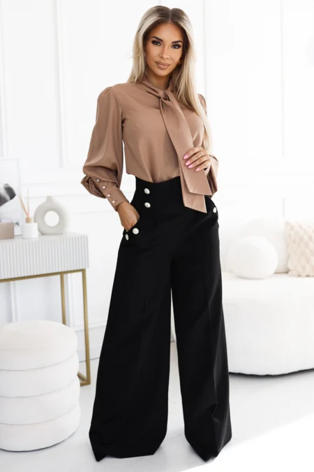 Pantaloni Dama Dantela, Guler inalt, Numoco, Negru Eleganta