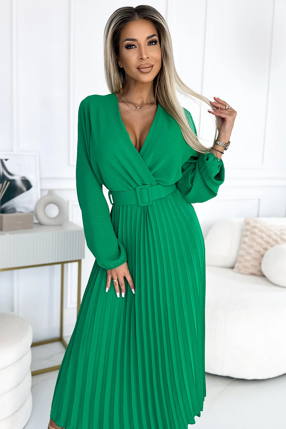 Rochie Dama Midi, Guler inalt, Numoco, Verde Casual - Image 2