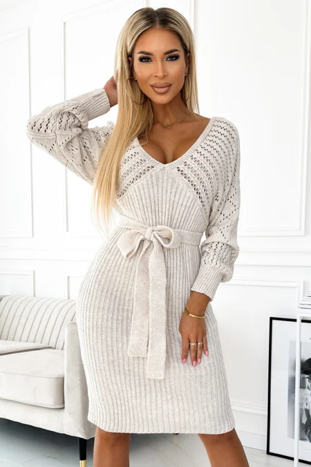 Rochie Dama Lejera, Decolteu barcuta, Numoco, Bej Eleganta