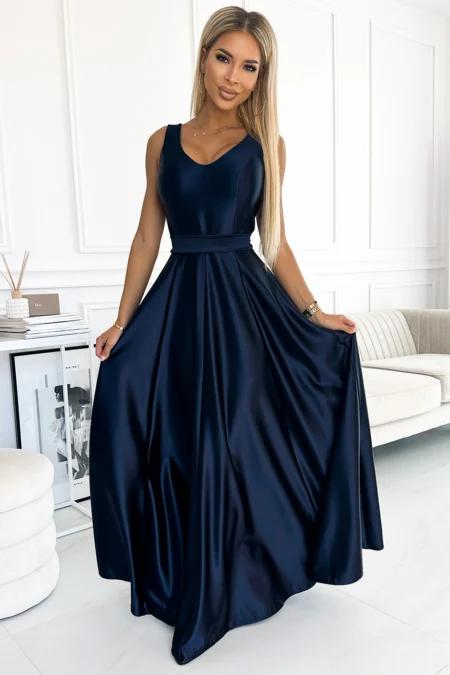 Rochie Dama Maxi, Satin, Numoco, Albastru Eleganta Marimi Mari