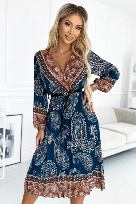 Rochie Dama Midi, Guler inalt, Numoco, Albastru Eleganta