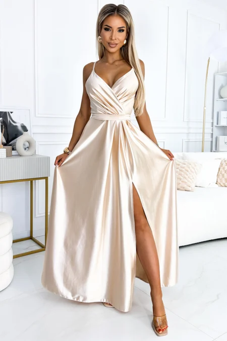 Rochie Dama Maxi, Satin, Numoco, Bej Eleganta