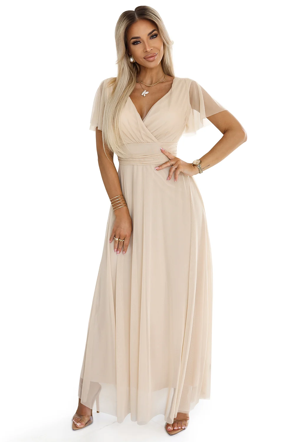 Rochie Dama Maxi, Dantela, Numoco, Bej de Petrecere - imagine 7