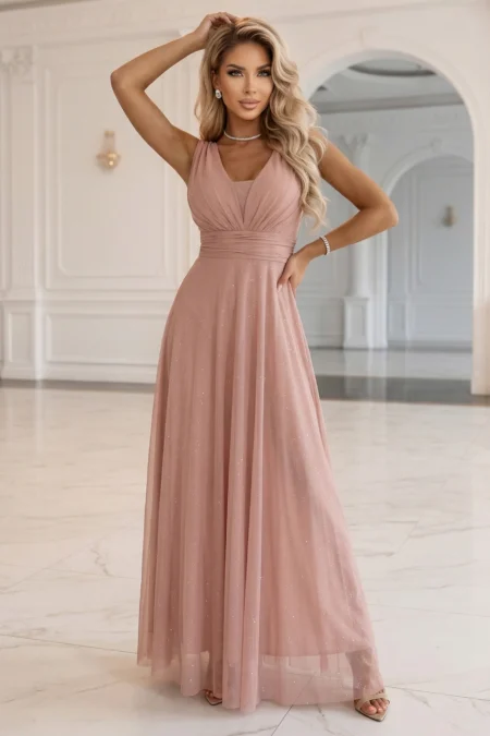 Rochie Dama Maxi, Dantela, Numoco, Roz de Seara
