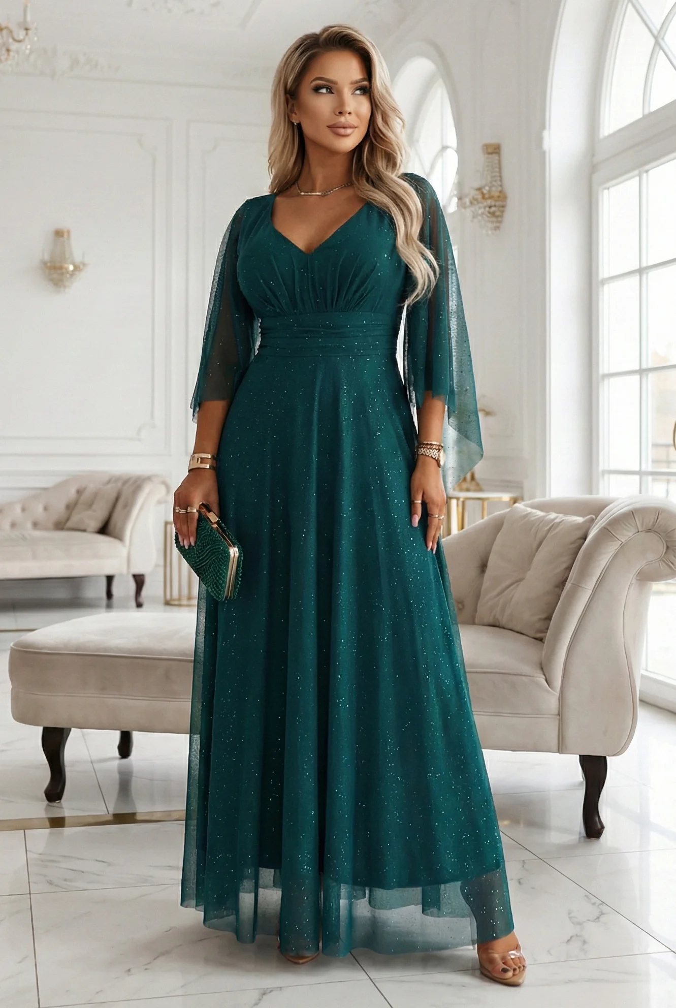 Rochie Dama Maxi, Decolteu adanc, Numoco, Verde - imagine 2