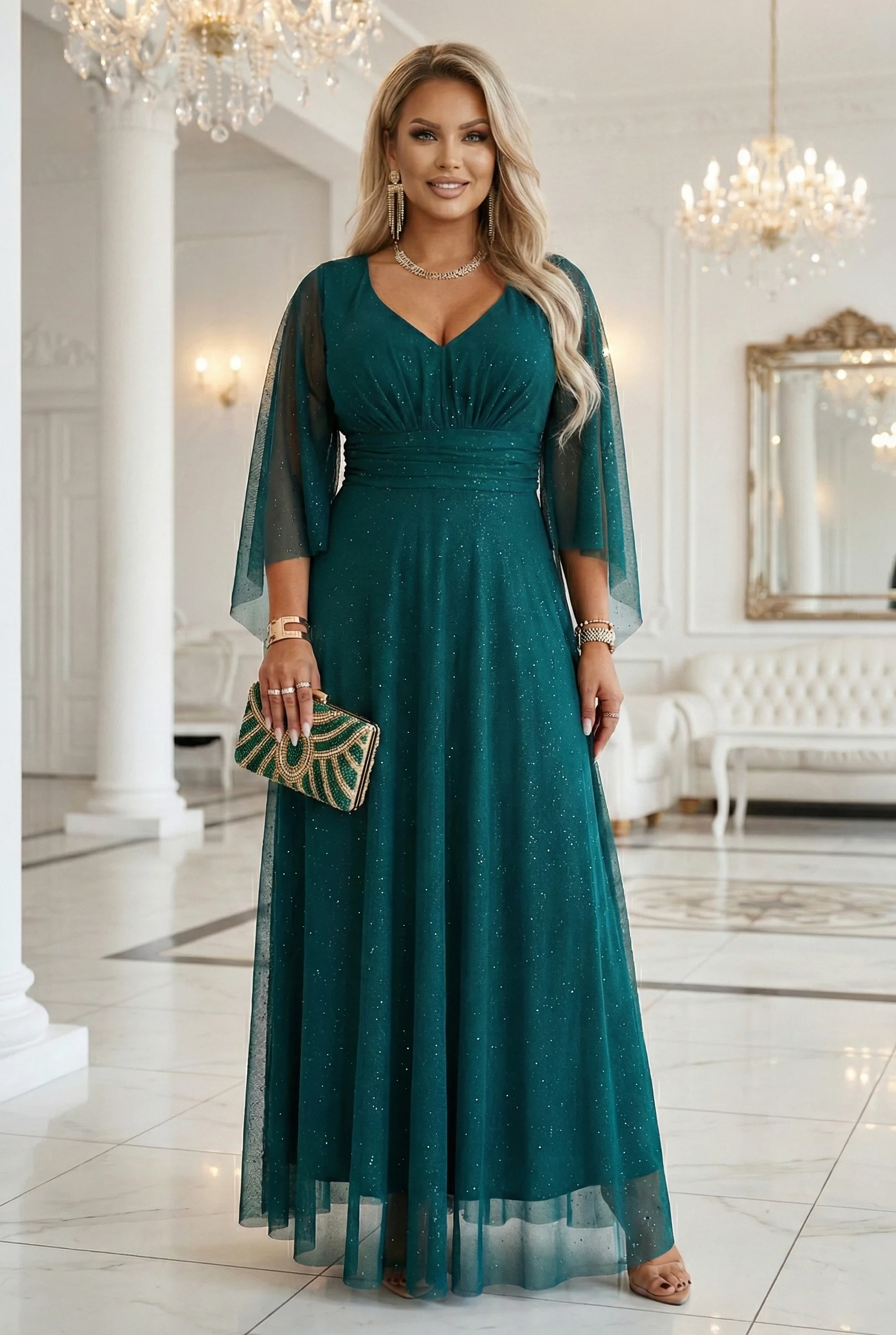 Rochie Dama Maxi, Decolteu adanc, Numoco, Verde - imagine 7
