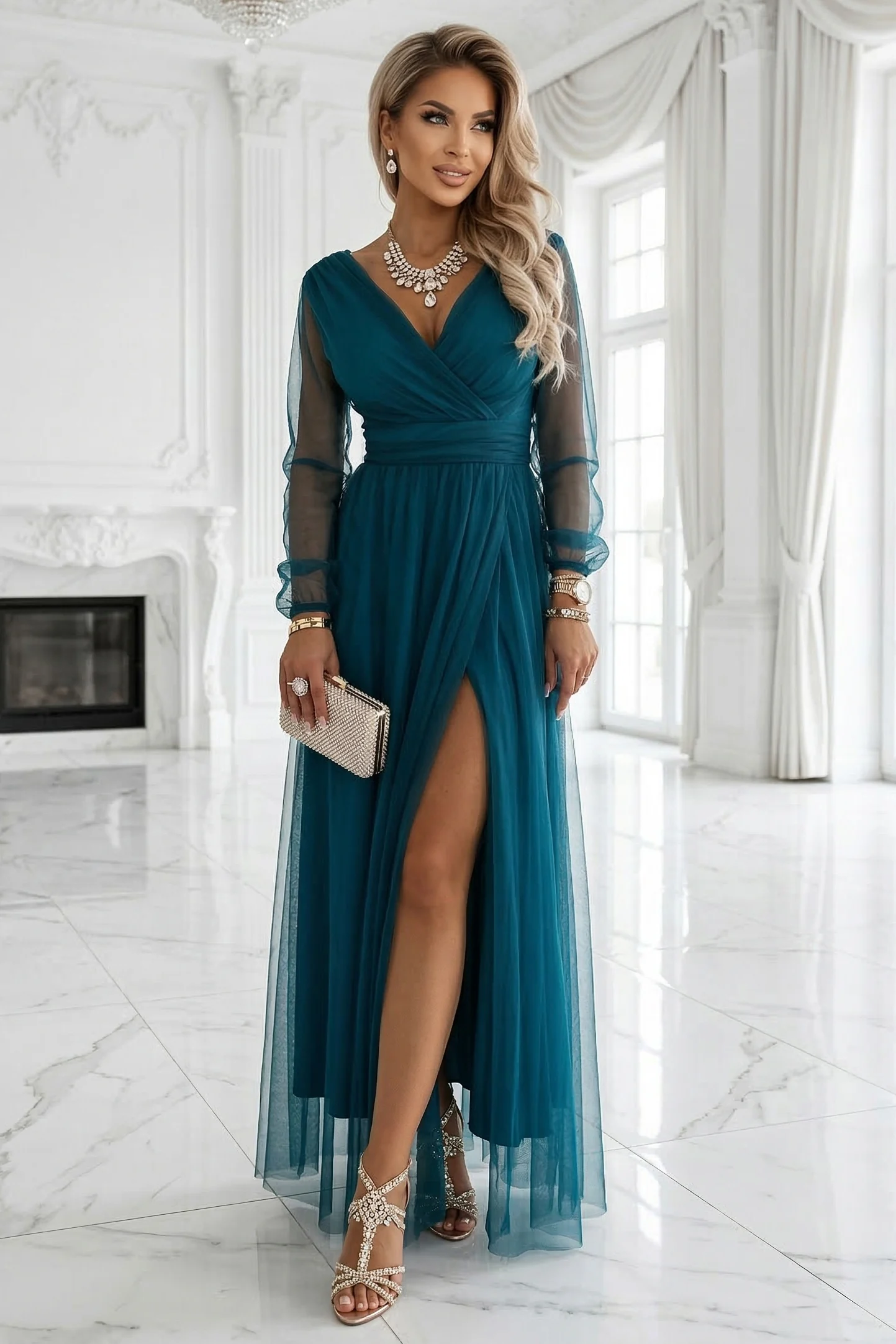 Rochie Dama Maxi, Floral, Numoco, Verde de Seara - imagine 6