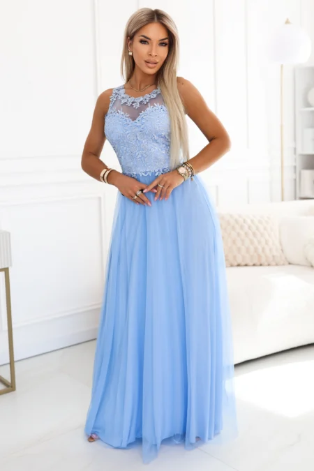Rochie Dama Maxi, Floral, Numoco, Albastru de Ocazie Nunta