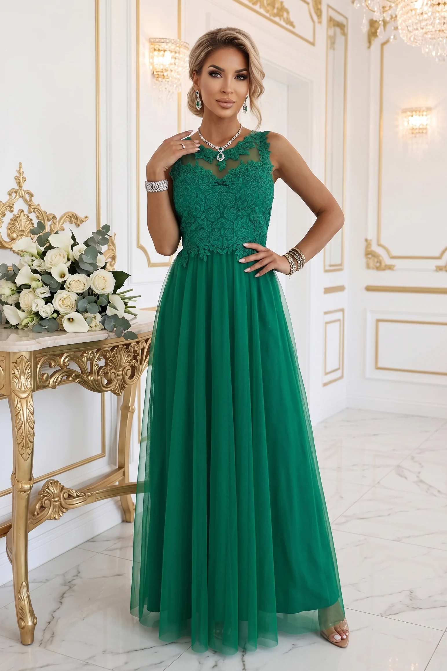 Rochie Dama Maxi, Floral, Numoco, Verde de Ocazie Nunta - imagine 5