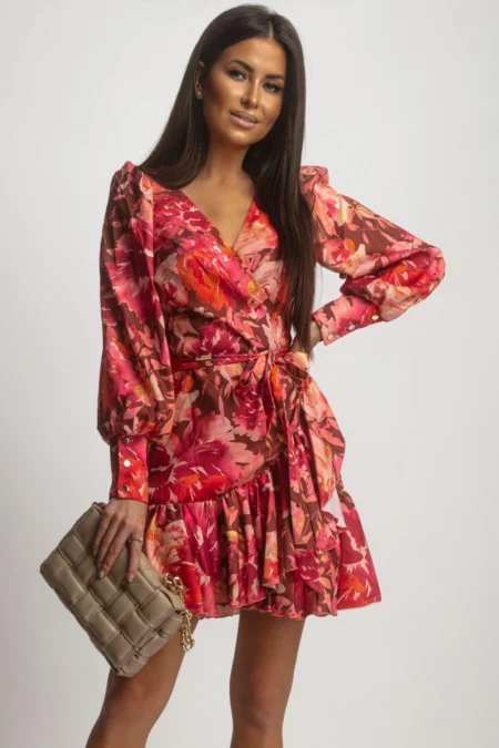 Rochie "ANNA" Pomarańczowe Flori Brązowym Tle