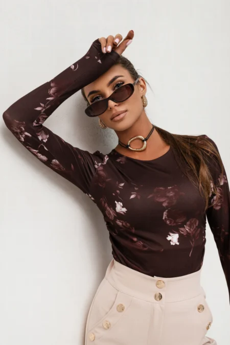 Bluza SHIRA długi rękaw - Brown flowers