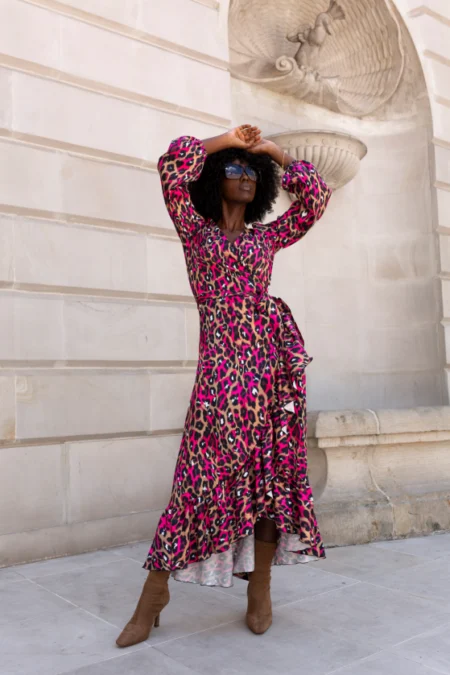 Rochie "ANNA" długa - Animal Print Różowym