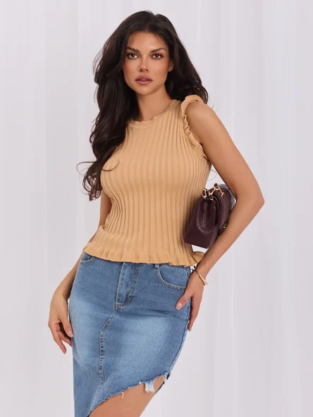 Bluza Dama Fara maneci, Dungi, RUE PARIS, Camel Casual