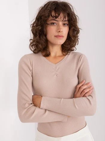Bluza Dama Maneca lunga, Decolteu in V, BASIC FEEL GOOD, Bej Casual
