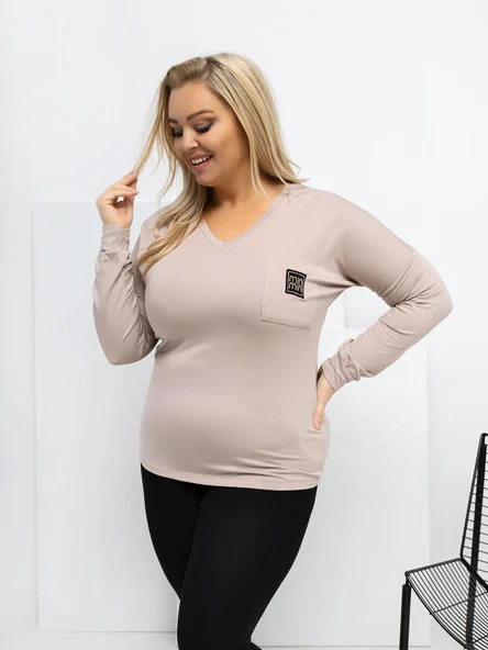 Bluza Dama Maneca lunga, Decolteu in V, RELEVANCE, Bej