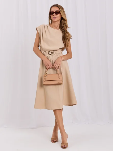 Rochie Dama Midi, Lejera, ITALY MODA, Bej Eleganta Office