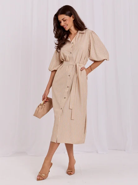 Rochie Dama Midi, Dungi, LAKERTA, Bej Eleganta Office
