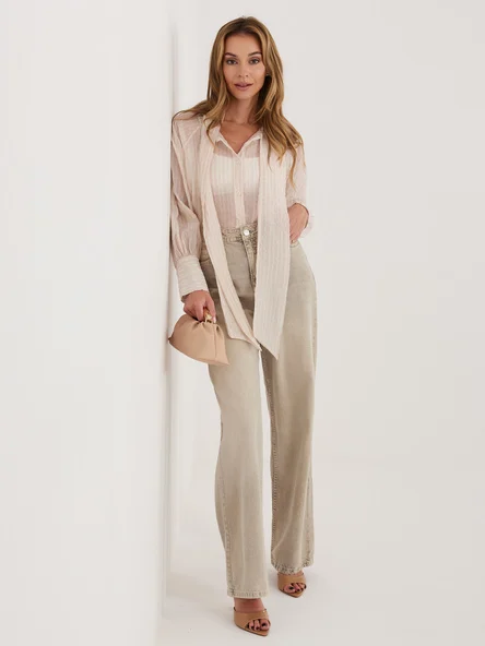 Camasa Dama Dungi, Decolteu cu siret, ITALY MODA, Bej Eleganta Office