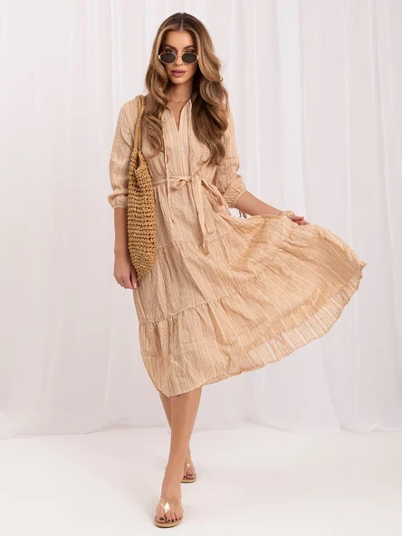 Rochie Dama Midi, Dungi, LAKERTA, Bej Eleganta Office