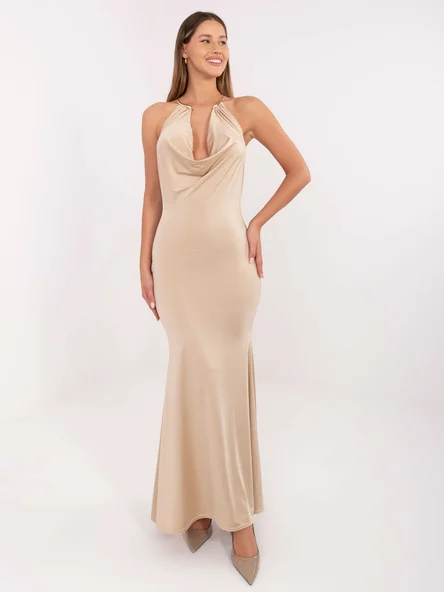 Rochie Dama Maxi, Alta croiala, ITALY MODA, Bej de Petrecere