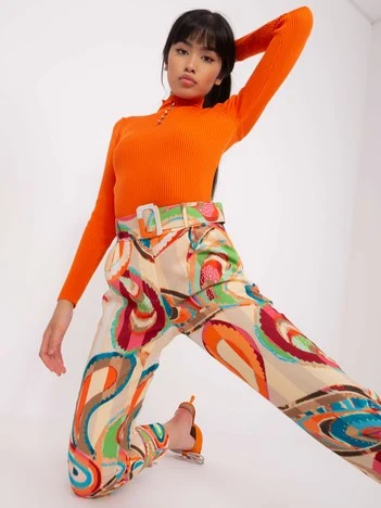 Pantaloni Dama Elegant, Guler inalt, ITALY MODA, Bej de Petrecere Marimi Mari