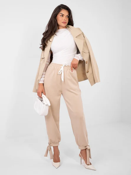 Pantaloni Dama Mansete elastice, Guler inalt, ITALY MODA, Bej Eleganta Office