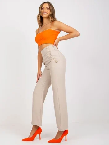 Pantaloni Dama Elegant, Guler inalt, ITALY MODA, Bej de Petrecere Marimi Mari